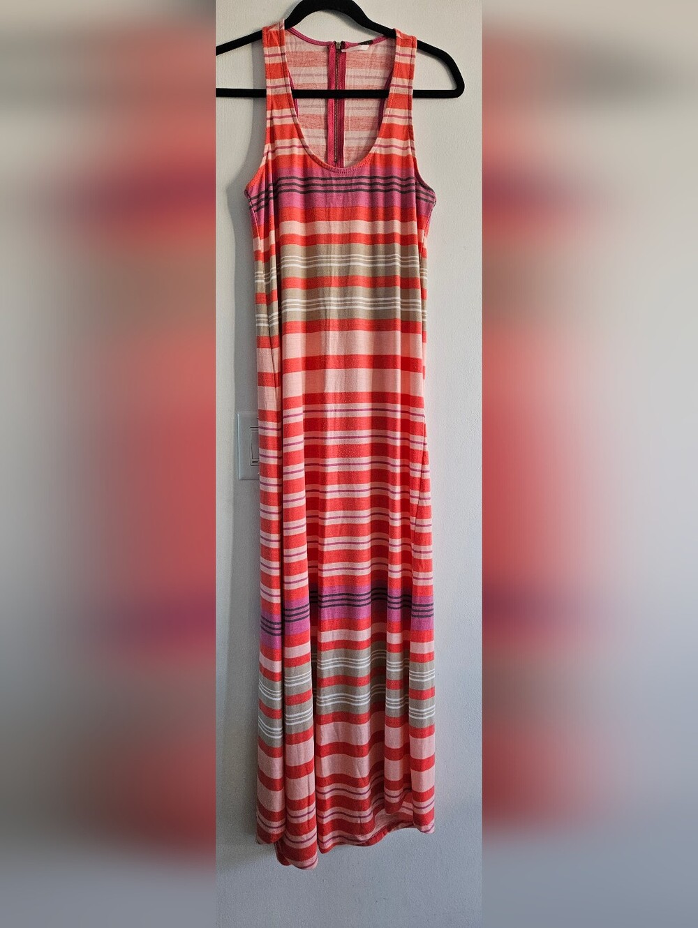 Poof-Striped Coral Red and Pink Maxi Dress
